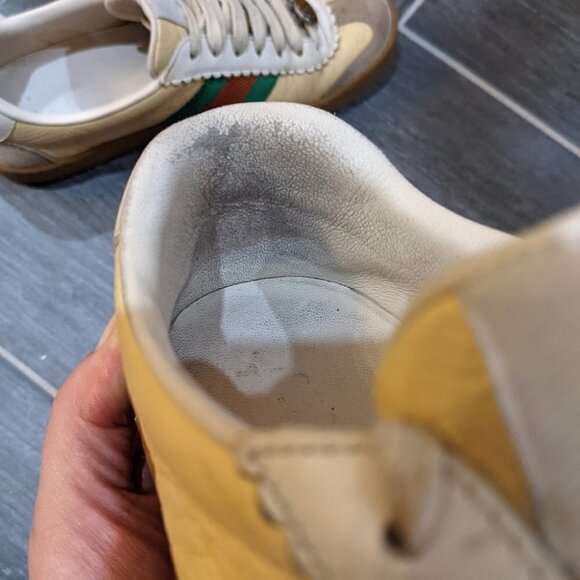 Gucci | Women's Yellow Leather Sneakers With Web G74 - Picture 14 of 16